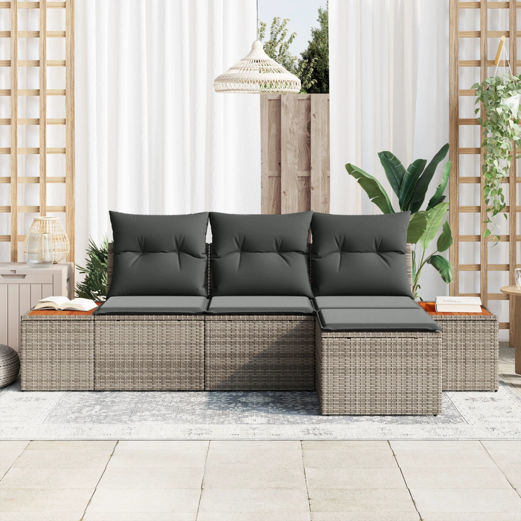 Set Divano da Giardino 4 Pezzi con Cuscini Grigio Polyrattan Acacia