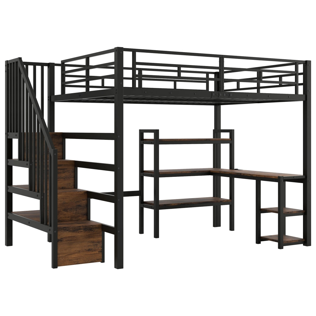 Letto a castello in metallo - Zephmum- 140x200- Nero- Scrivania integrata, USB, LED