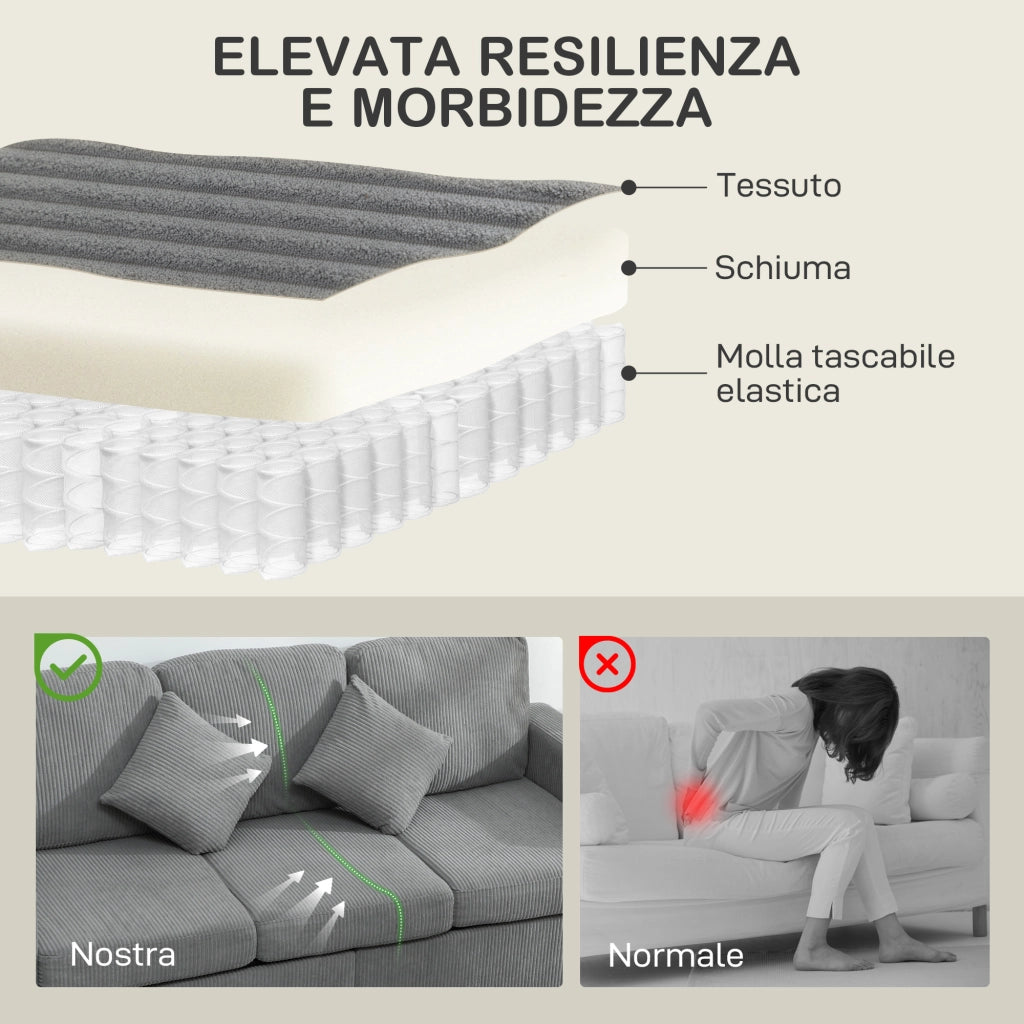 Divano 3 Posti Modulare con Pouf Contenitore 196x139x85 cm in Velluto a Coste Grigio Chiaro