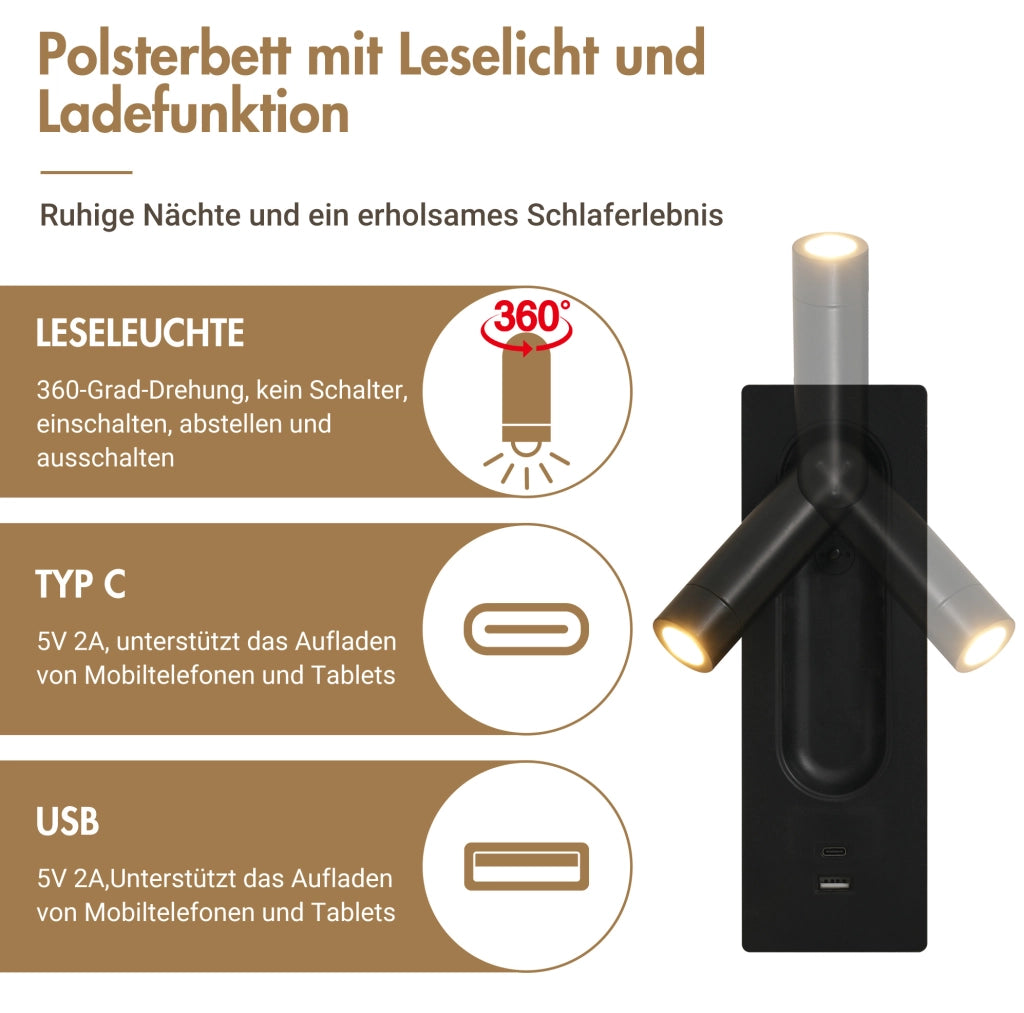 Letto matrimoniale 180x200 cm con comodini, luci e USB-C