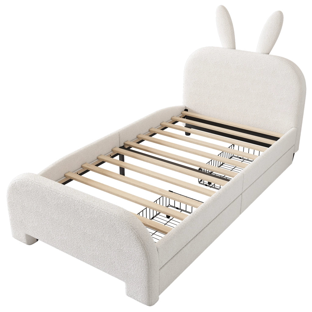 Letto per bambini singolo 90×200 cm con 2 cassetti e testiera imbottita; senza materasso; plush; bianco
