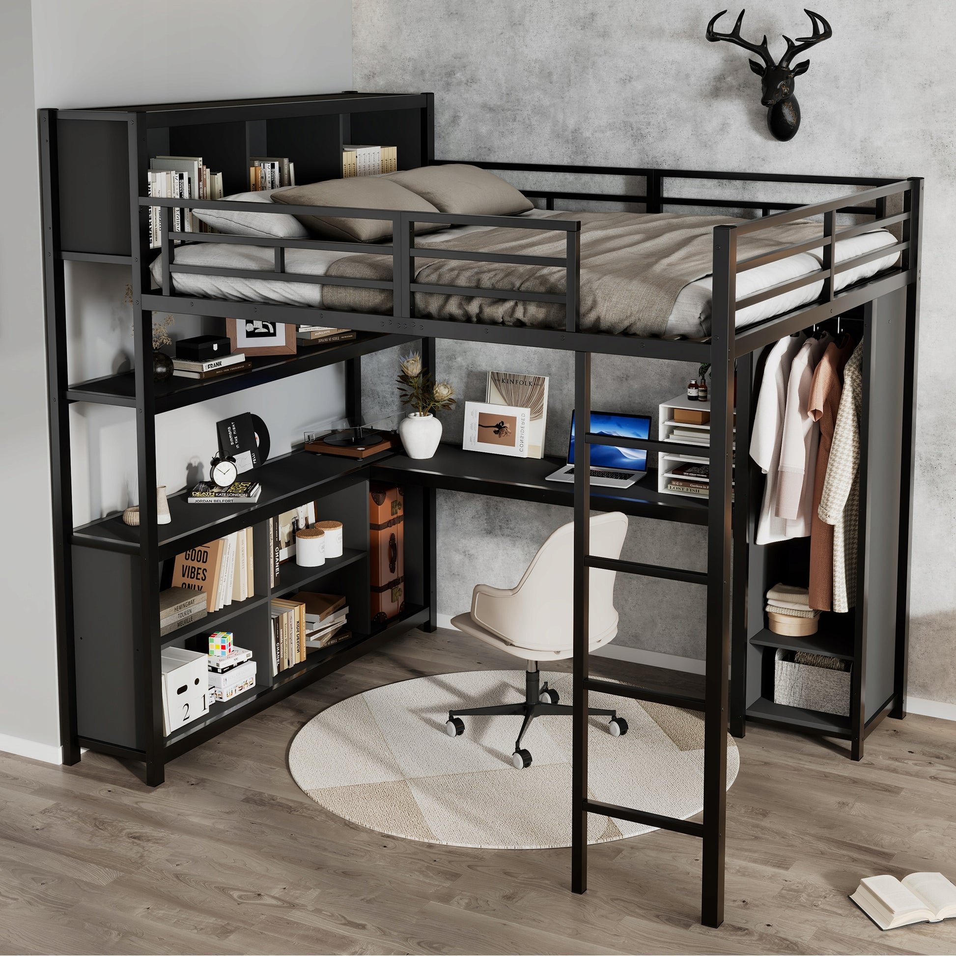 Letto a castello con scrivania e armadio - Xylo - 140x200 cm nero