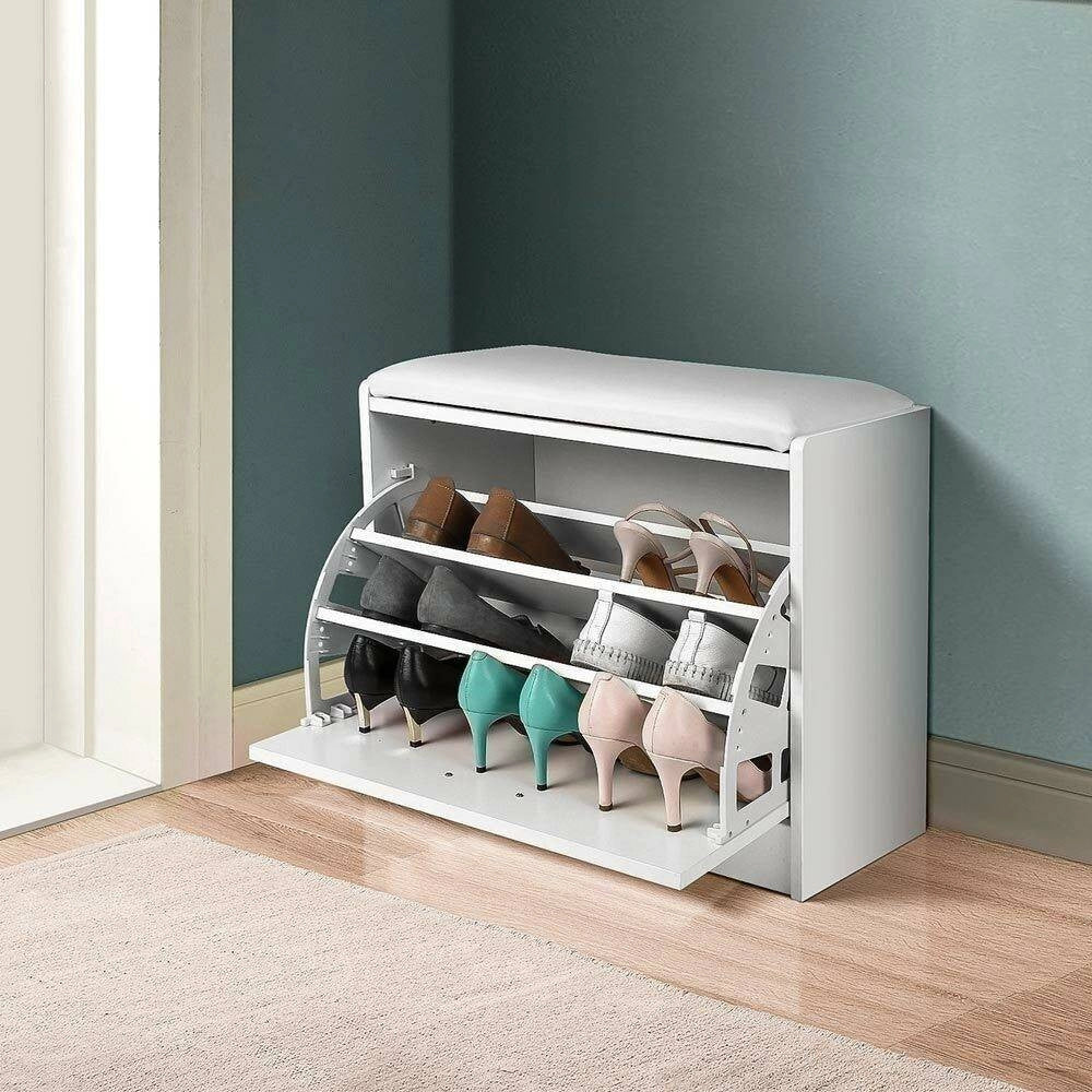 Trade Shop - Scarpiera Panca 1 Anta Tripla Profondita Con Seduta Eco Pelle Bianco 60x30x48 Cm -
