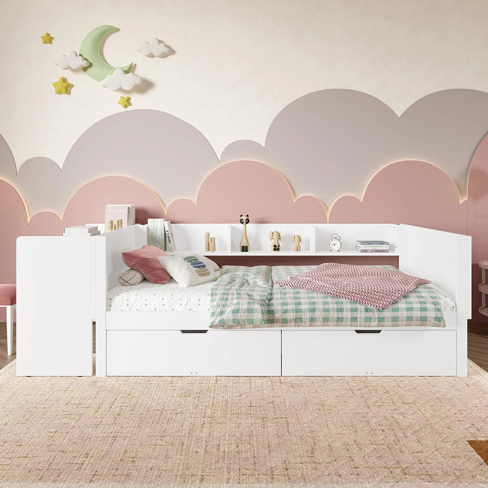 Letto singolo-Xylo-90x200 cm-con scrivania, 2 cassetti, scaffali, pino, bianco