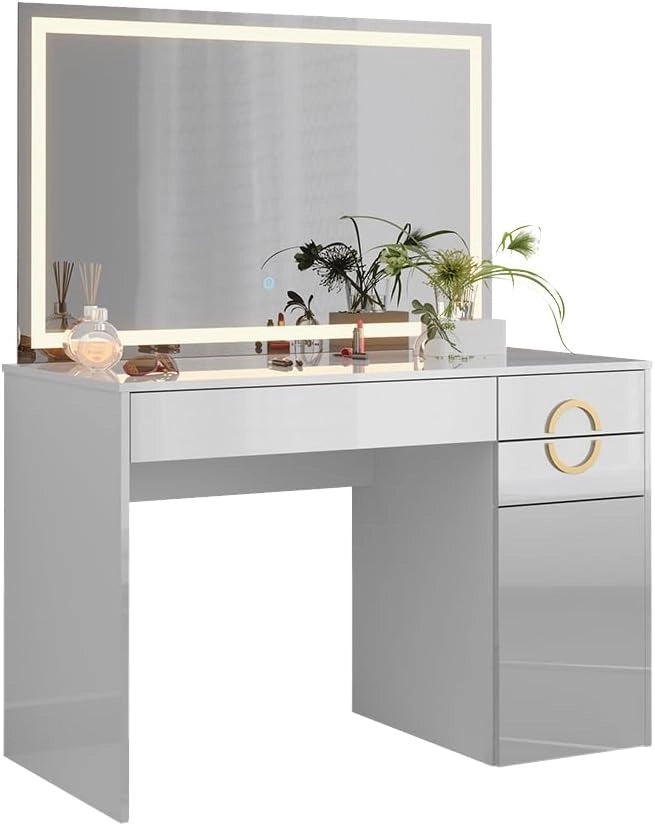 Tavolo da toeletta Adela, Bianco, 115 cm con specchio a LED, Funziona anche come postazione di lavoro elegante