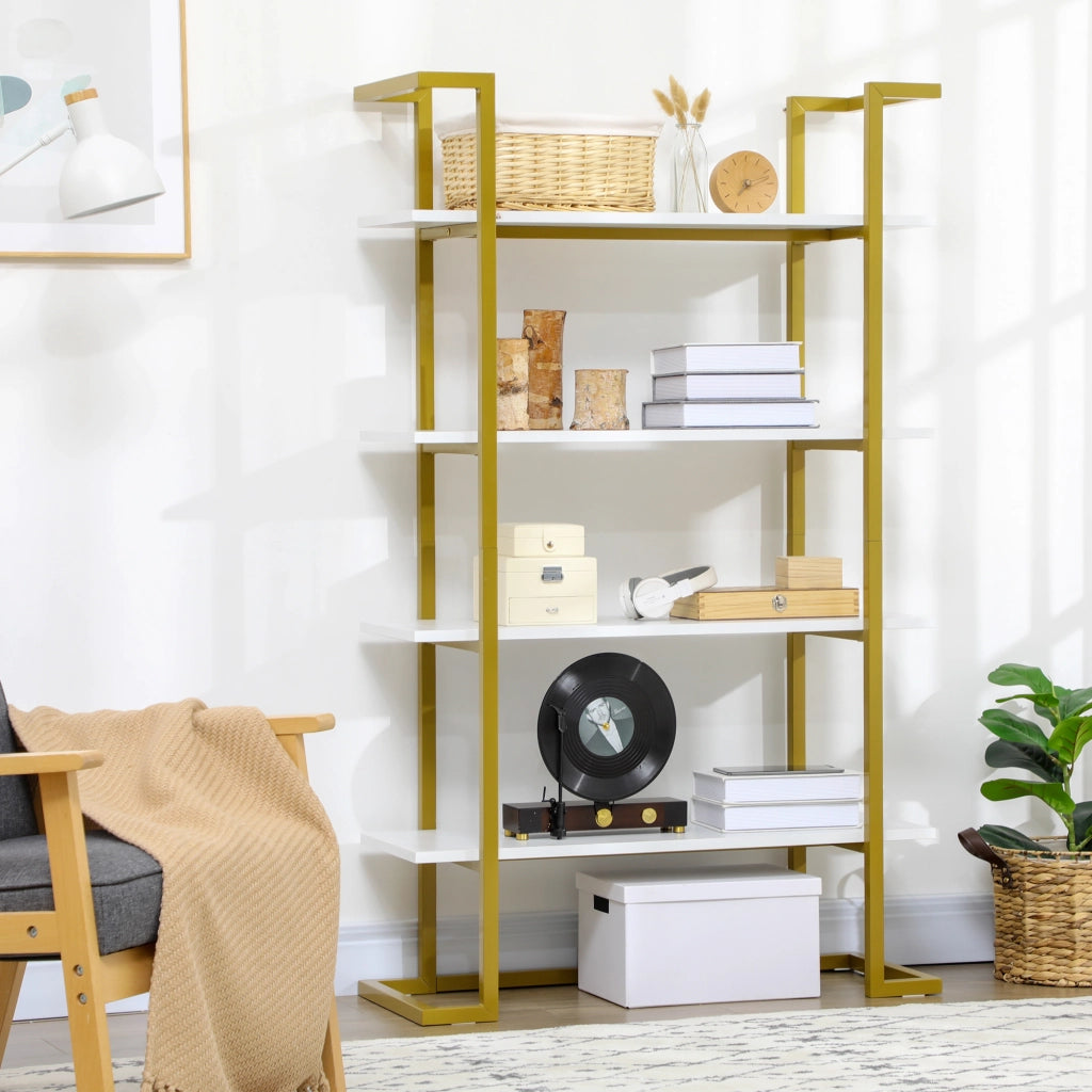 Scaffale libreria a 4 livelli in MDF e acciaio, mobile multiuso per casa e ufficio, design moderno, 92x35x152cm, bianco e oro