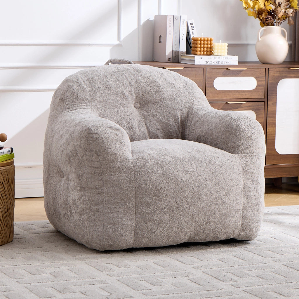 Pouf in pelliccia sintetica con braccioli e imbottitura in schiuma sminuzzata, senza montaggio, grigio chiaro