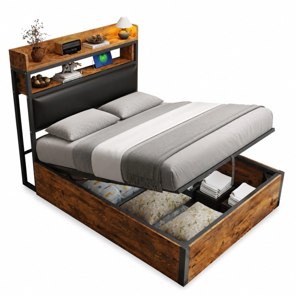 Letto singolo 90x200 cm con contenitore; meccanismo idraulico; USB; nero