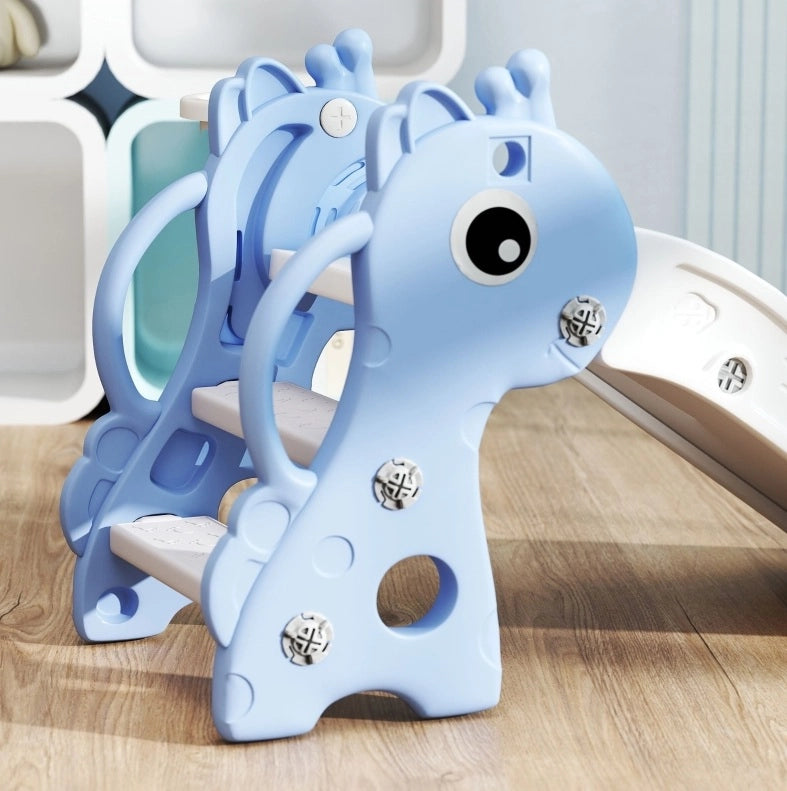 Scivolo per bambini ULEVR 106x51,5x52 cm a forma di giraffa con canestro e palla, blu