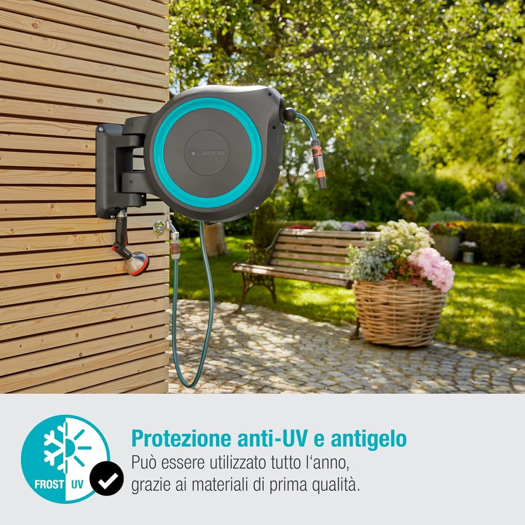Avvolgitubo da Parete RollUp XL: incluso Tubo da Giardino da 35 m con Lancia e Raccordi, Avvolgimento Automatico, Ruotabile di 180 gradi, per Giardini di Grandi Dimensioni, Azzurro (18630-20)