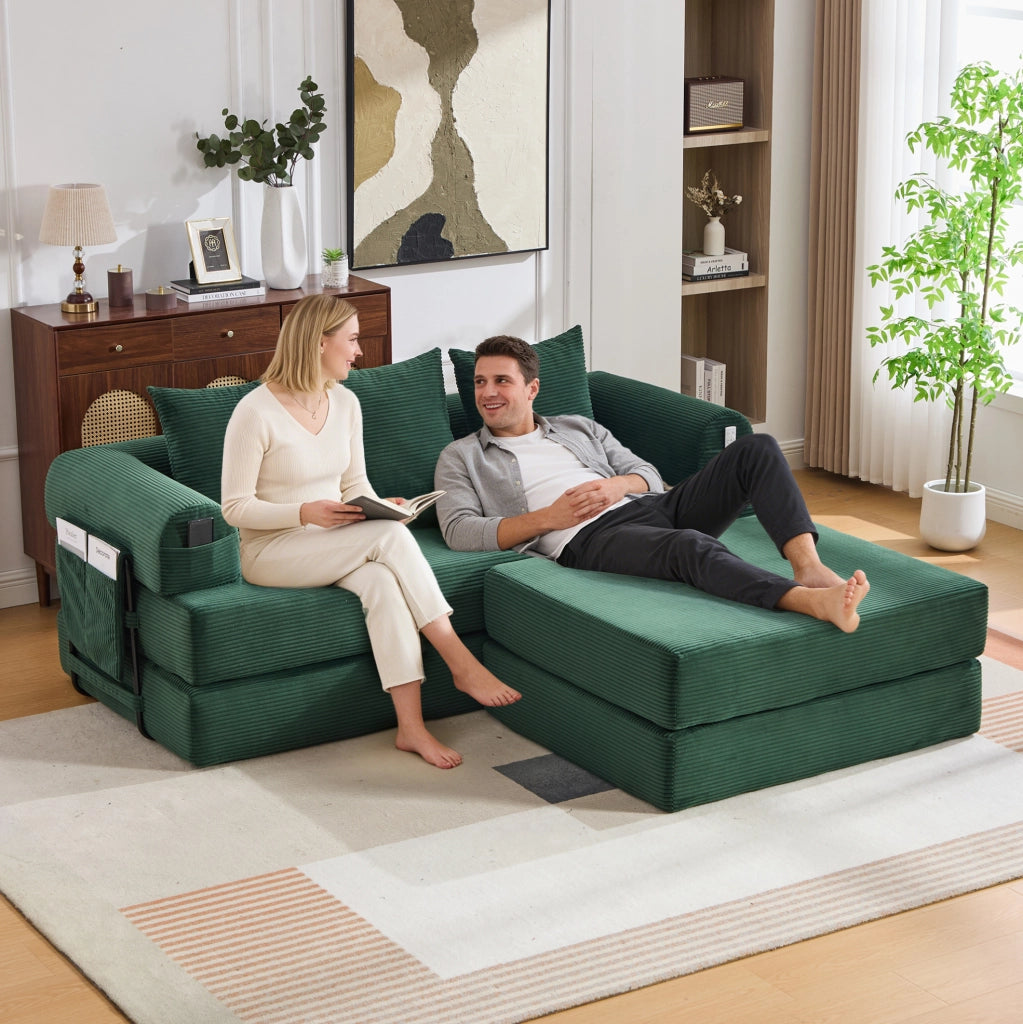 Divano modulare in velluto a coste verde smeraldo con struttura in metallo, pouf e 3 cuscini, imbottitura extra spessa per comfort