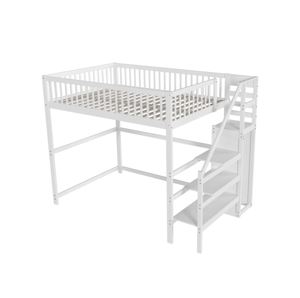 Letto a soppalco 140x200 cm con scala e armadio; legno; bianco (Senza materasso)