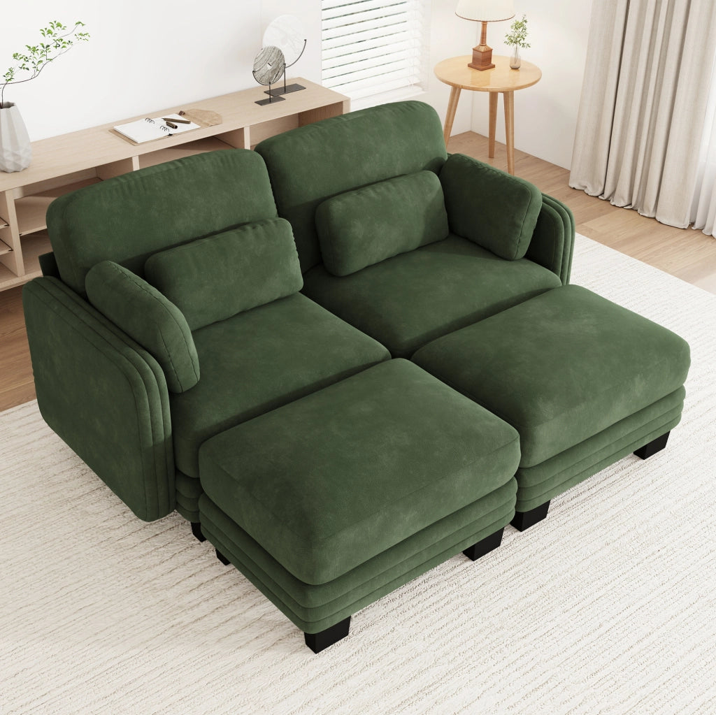 Divano modulare in chenille verde 176x143x88 cm con pouf e cuscini mobili