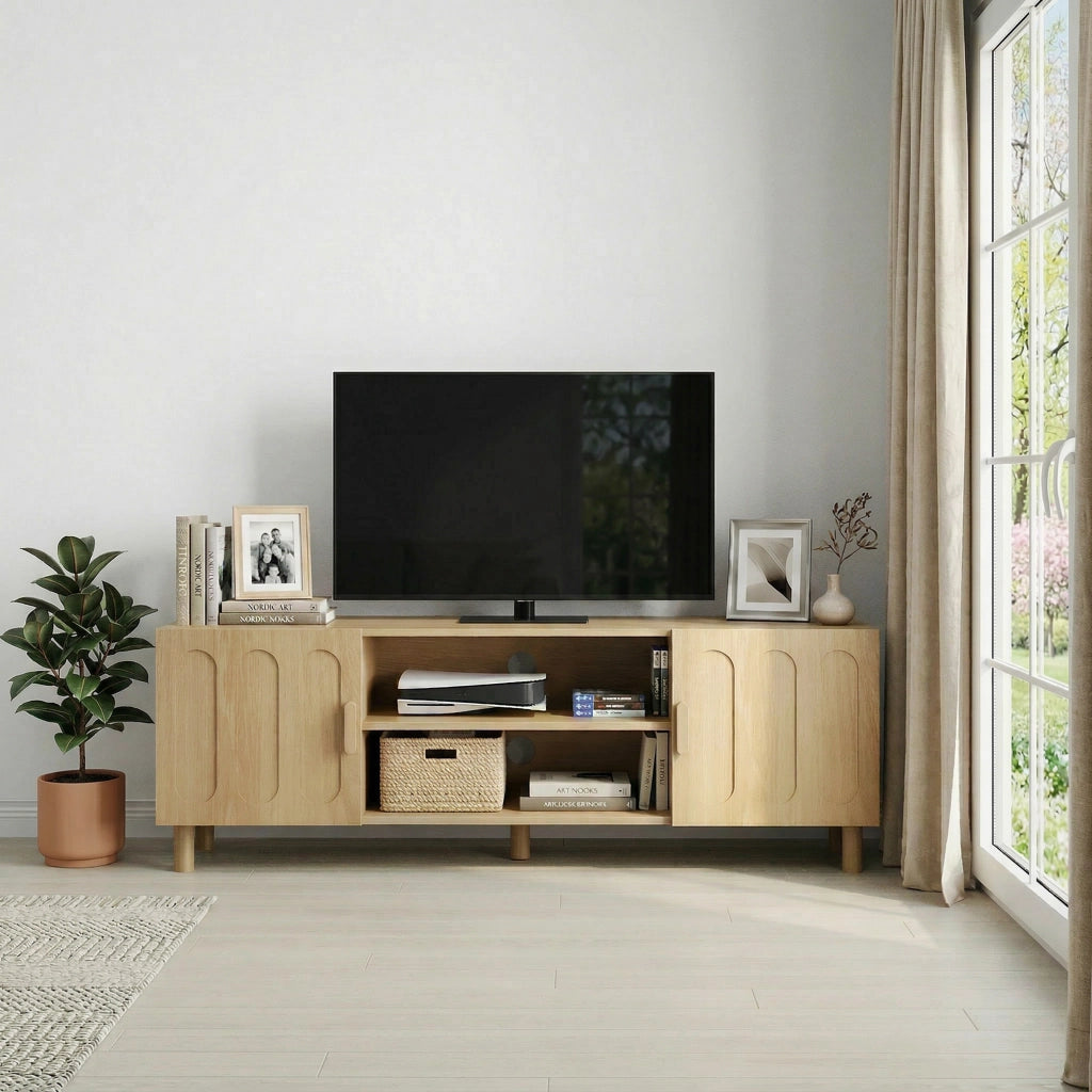 Mobile porta TV con ante e passacavi, maniglie in legno, stile rustico moderno per soggiorno, in MDF, rovere, 140 × 40 × 48 cm