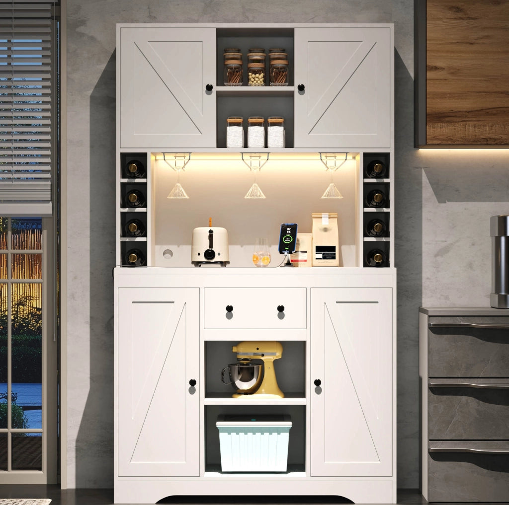 Credenza alta 105x39x180 cm in MDF bianco con LED e prese