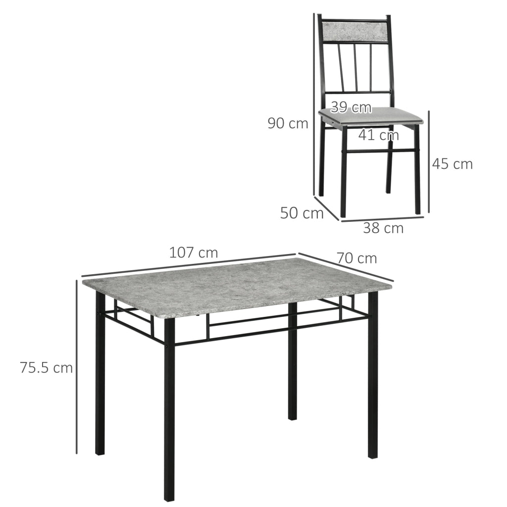 Set da Pranzo Tavolo e 4 Sedie Seduta Imbottita in Metallo e MDF Grigio e Nero