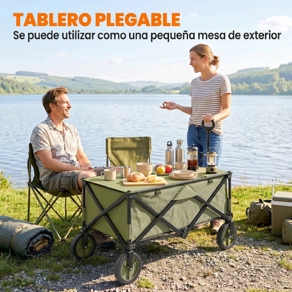Carrello Pieghevole Verde con Manico Telescopico e Tavolino ¨C zephmum ¨C 108x55x93 cm
