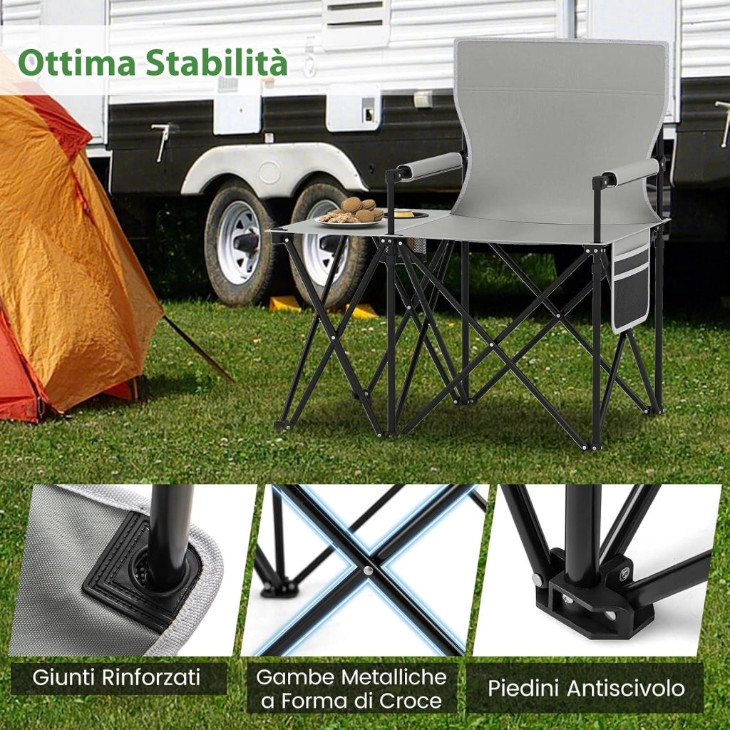 Sedia da Campeggio con Tavolino Laterale, Sedia da Picnic Pieghevole con 2 Tasche, Portabicchieri, Braccioli Imbottiti, Borsa da Trasporto, Portata 150 kg (Grigio)