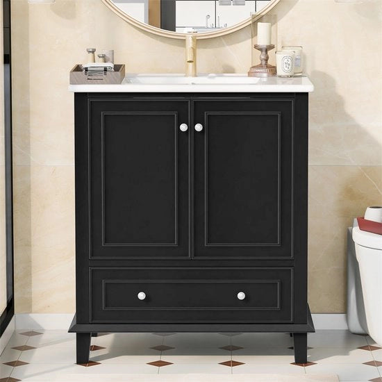 Cassettiera da bagno - Bianca - 73x46x87cm - Lavabo in ceramica - Cassettiera laterale