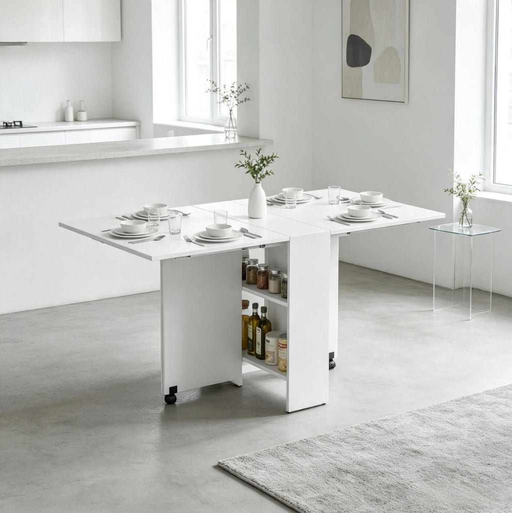 Tavolo da pranzo pieghevole ULEVR 75x140x74 cm con ruote frenate e 2 ripiani, bianco