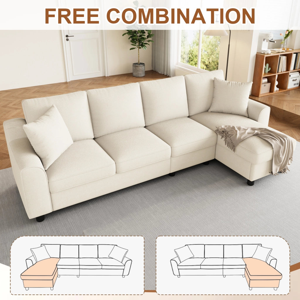 Divano a tre posti, divano ad angolo, tessuto chenille, vano portaoggetti, portabicchieri, design modulare, beige
