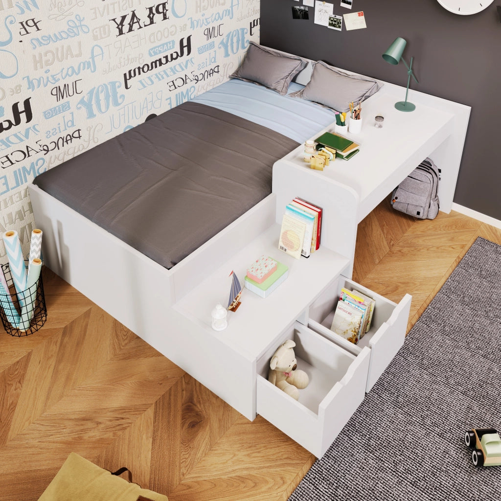 Letto per bambini 90x200 cm con scrivania e 2 cassetti, in legno massello e MDF, bianco