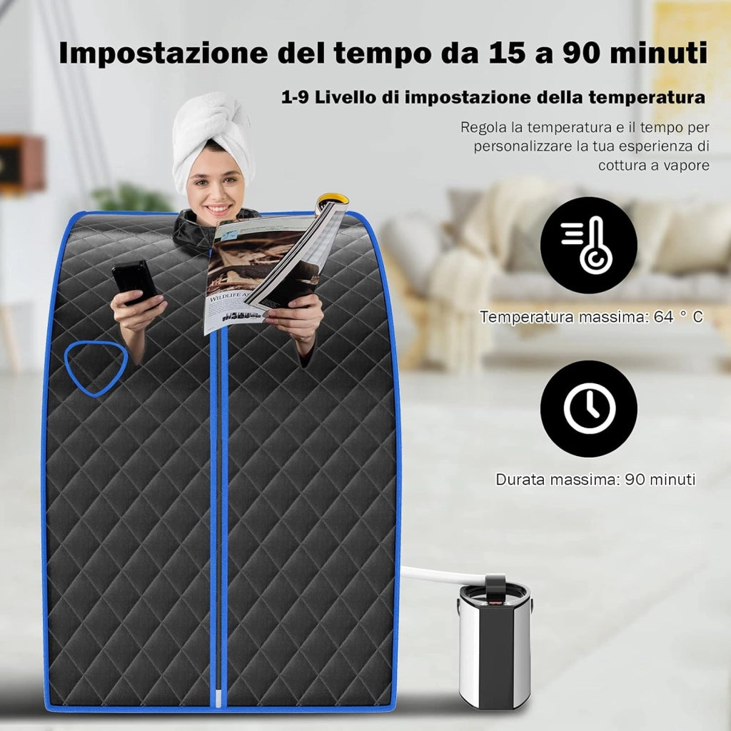 Cabina Sauna a Vapore, Sauna da Casa con Sedia, Telecomando, Timer e Temperatura Regolabili, con Funzione Atomizzazione e Coperchio di Vetro Temperato Antiscoppio (Nero)