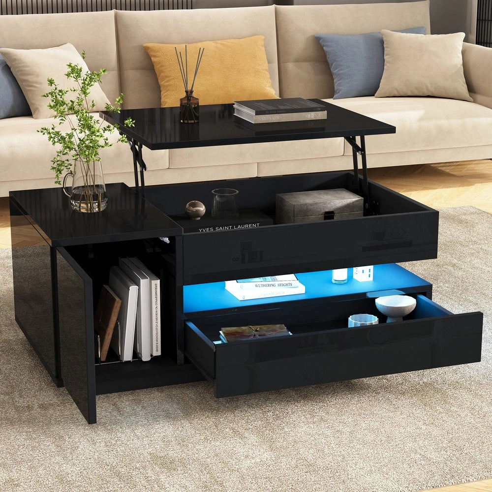 Tavolino da Caff¨¨ Sollevabile con LED, Cassetto e Vano ¨C MINIMAL ¨C Nero Lucido 95x50x40