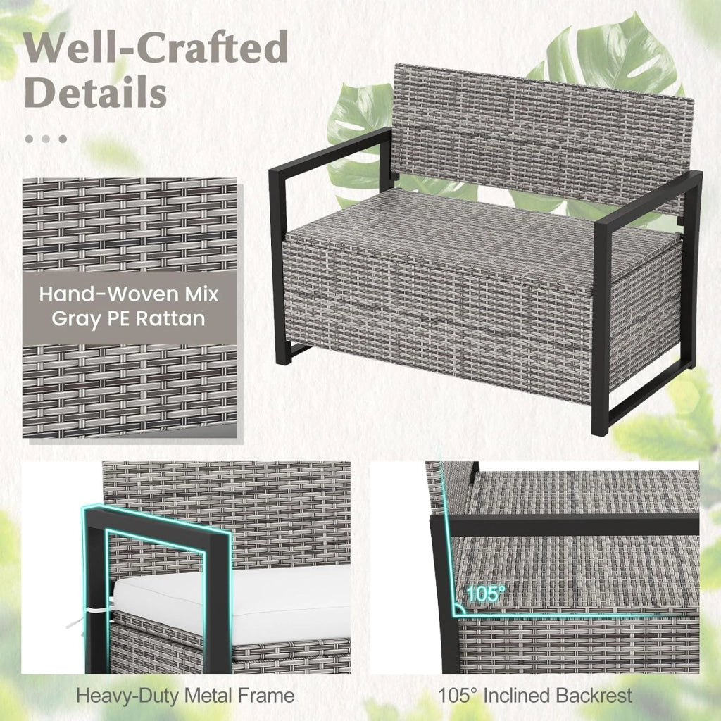 Panca da giardino in rattan, con spazio di archiviazione da 150 l, per esterni, con cuscino, per 2 persone, con schienale e braccioli, portata 360 kg, 117 x 62 x 85 cm