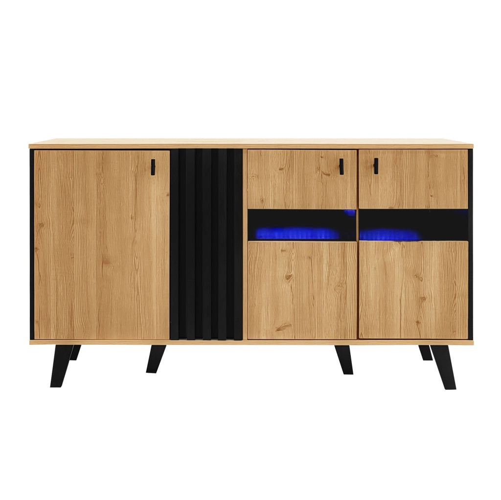 Sideboard 140x78,5x41 cm in legno e nero con LED, ripiani interni e porta a vetro