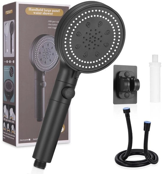 Douchekop con 1,5 m tubo, 6 tipi di getto, douchekop con filtro, douchekop a risparmio d'acqua, douchekop ecosostenibile con funzione di interruzione, maniglia da bagno con supporto - douchekop nero per bagno e doccia