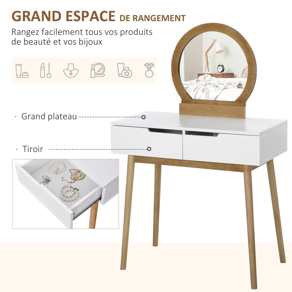 Tavolo Trucco con Specchio e 2 Cassetti ¨C Minimal ¨C Bianco Legno di Pino