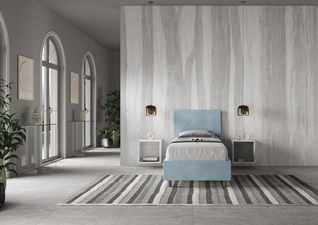 BS COM Letto singolo con rete imbottito 80x210 microfibra azzurro
