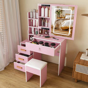 Tocador con specchio LED, 4 cassetti, 3 modalità luce, MDF, rosa