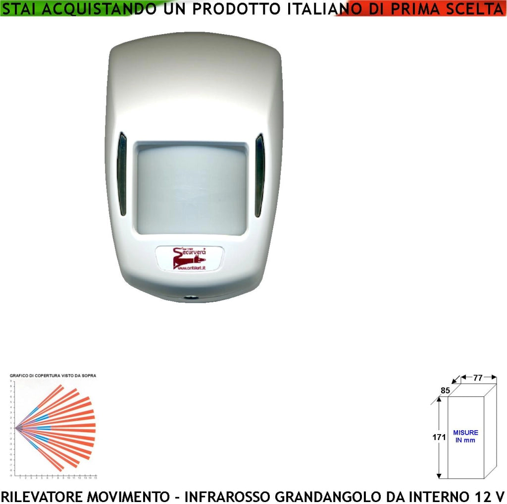Sensore Infrarosso Grandangolo Rileva il Movimento di Intrusi e da Allarme Portata 15 MT a 90 Gradi da Interno Alimentazione 12 V Assorbimento 10 mA Lente 18 Fasci Infrarossi ABS Bianco con Snodo
