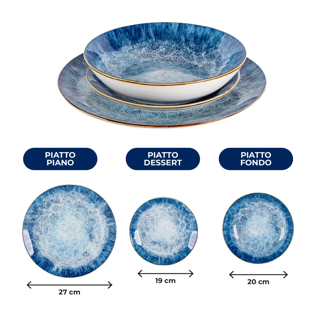 Set Piatti 18 Pezzi in Porcellana per 6 Persone Servizio Tavola Moderno Blu
