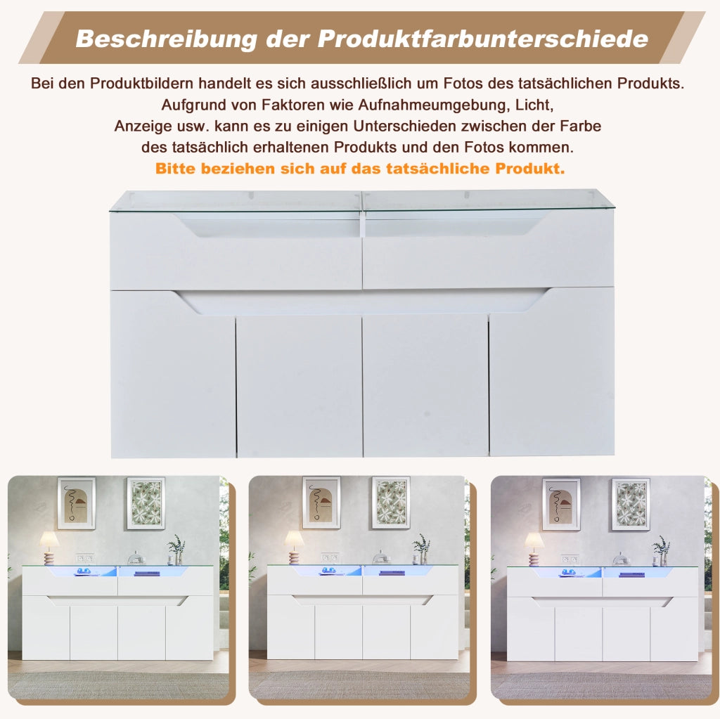 Credenza bianca 140x40x70 cm in MDF con piano in vetro e LED