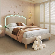 Letto imbottito singolo LED con testiera regolabile 90x190 cm in lino beige