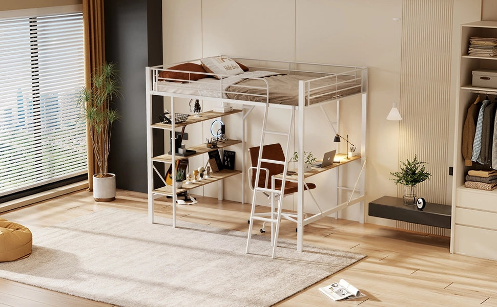 DESMIU Letto a soppalco 1 posto con scrivania, 3 ripiani e sponda 90 × 200 cm, senza materasso, bianco