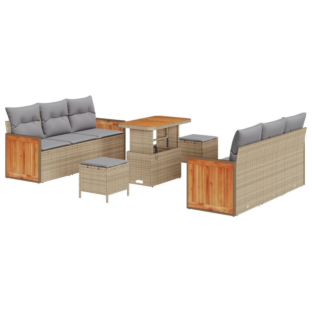 Set di Divani da Giardino  da 9 Pezzi con Cuscini in Rattan Beige e Acacia