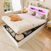 Letto contenitore 140x200 cm con LED, prese e testiera bianca