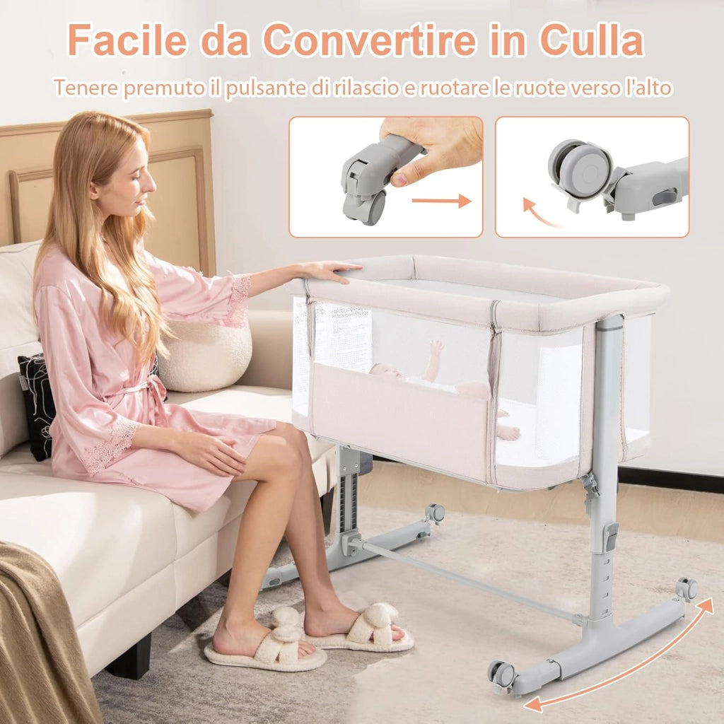 3 in 1 Culla Neonato Fianco Letto, Lettino Neonato Dondolo con Materasso, Culla Co-Sleeping Fino a 9 kg, Altezza Regolabili, 84 x 59,5 x 80,5cm (Beige)