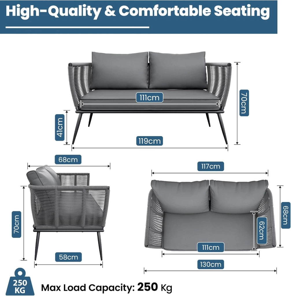 Divano in rattan a 2 posti, per balcone, grigio, divano, piccolo balcone, giardino d'inverno, terrazza, mobili per interni ed esterni, resistente alle intemperie, panca con schienale