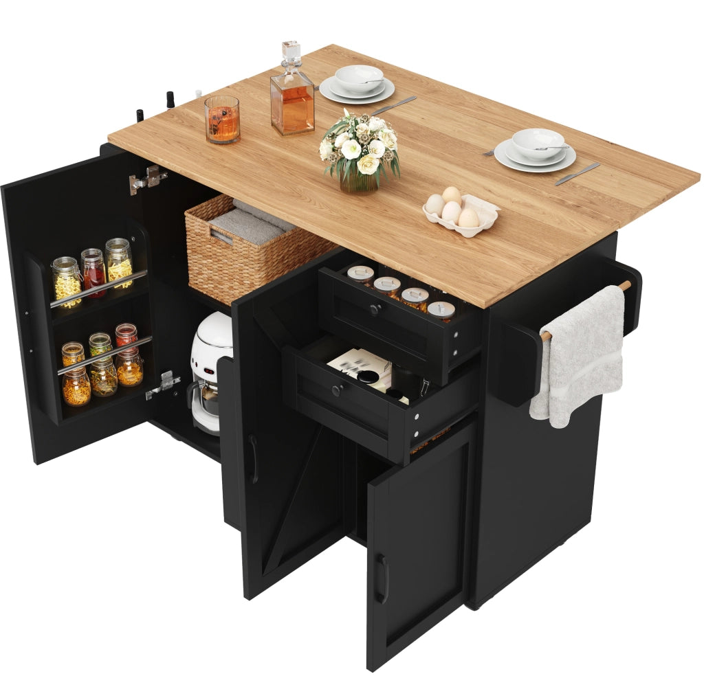 Carrello da cucina 120x43.2x92 cm con piano pieghevole; ampio spazio contenitivo; MDF; nero