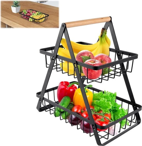 Cesta per frutta e verdura a 2 piani - etagère metallica per verdure e frutta - cesta per frutta con maniglia per verdure, frutta e snack