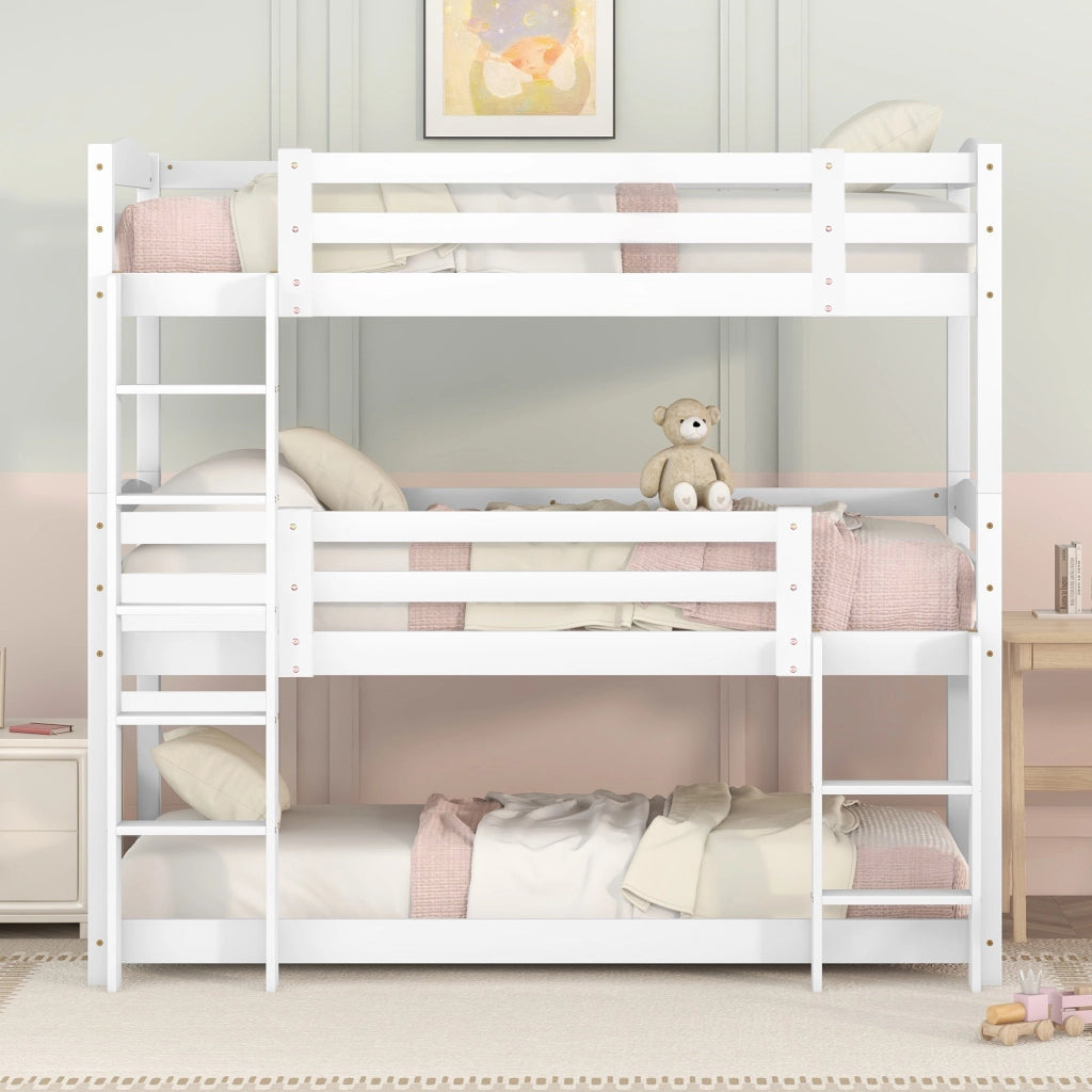 Letto a castello 90×200 cm; letto 3 posti con 2 scale; senza materasso; in legno bianco