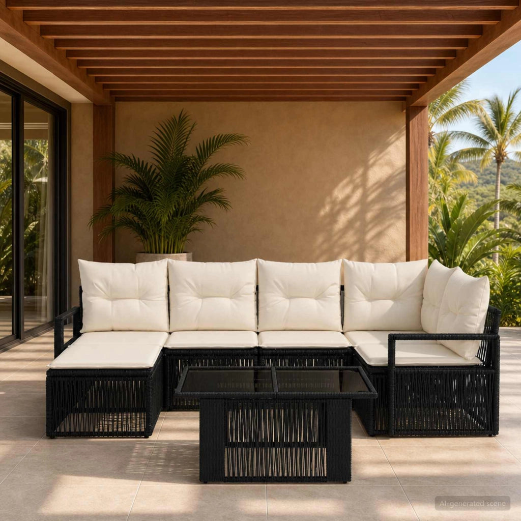 Set Divano da Giardino 7 pz Nero e Bianco Crema polyrattan 3437128