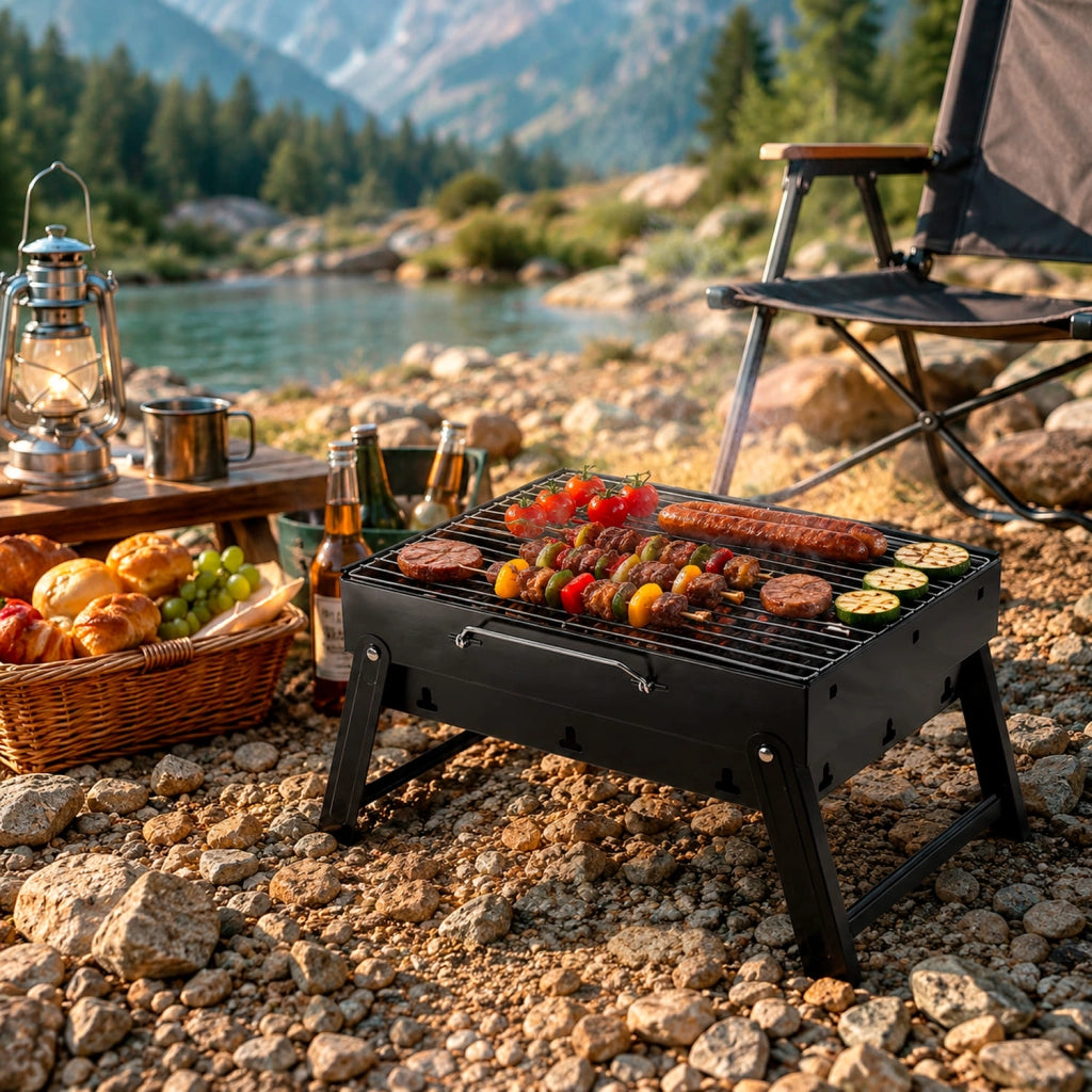 Barbecue A Carbone Portatile Pieghevole BBQ Griglia Con Struttura Resistente In Acciaio Maniglia Integrata Ventilazione Laterale Per Campeggio Picnic Giardino 45.5 x 29.5 x 23 Cm Nero