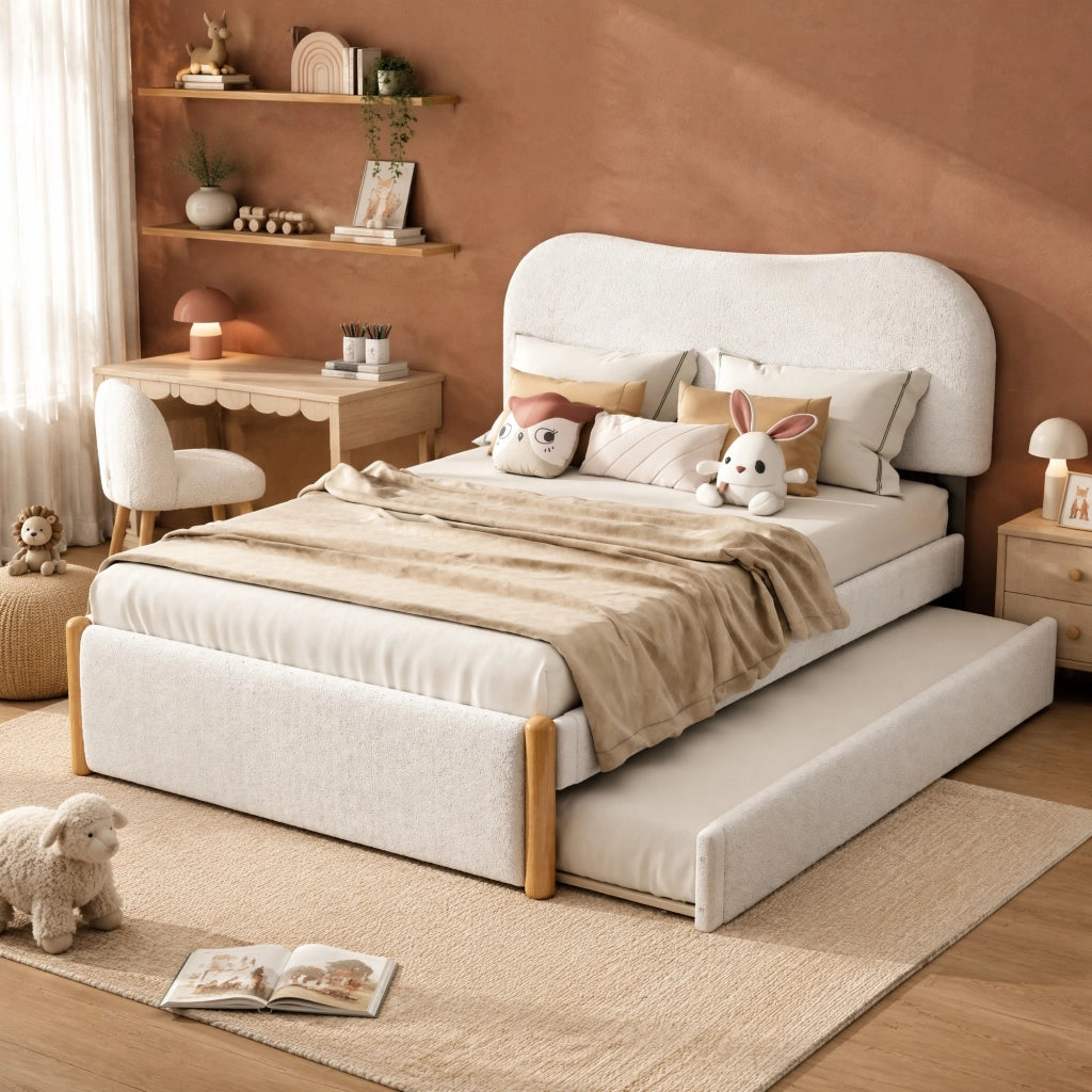 LETTO 140x200 cm con letto estraibile laterale Bianco in Plush e MDF