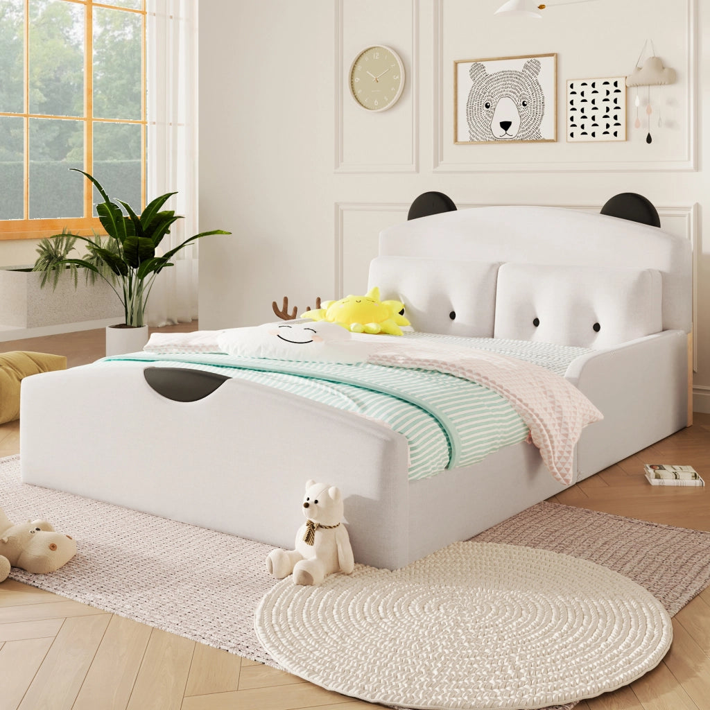 Letto 140x200 cm - Lenzuola di lino,Testiera imbottita,Include 2 cuscini decorativi,Bianco